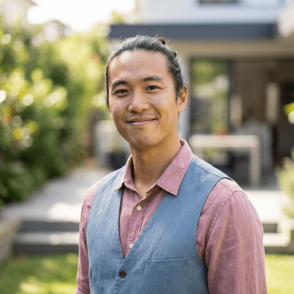Male office manager in his mid 30s, East Asian, professional and approachable demeanor