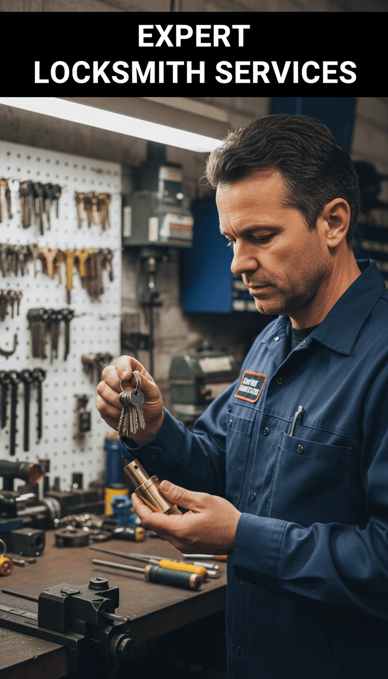 Locksmith inspecting a lock cylinder and key at a workbench