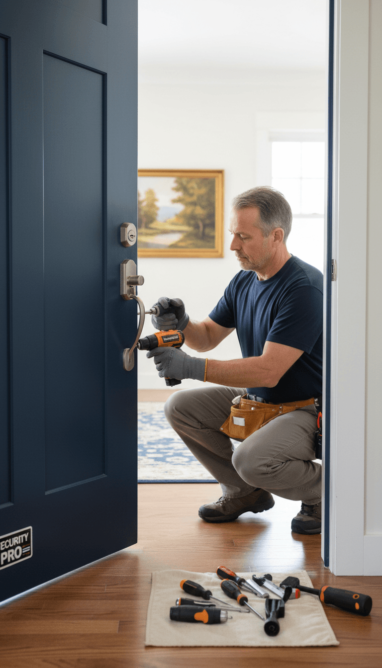 Locksmith installing a new lock on a residential door
