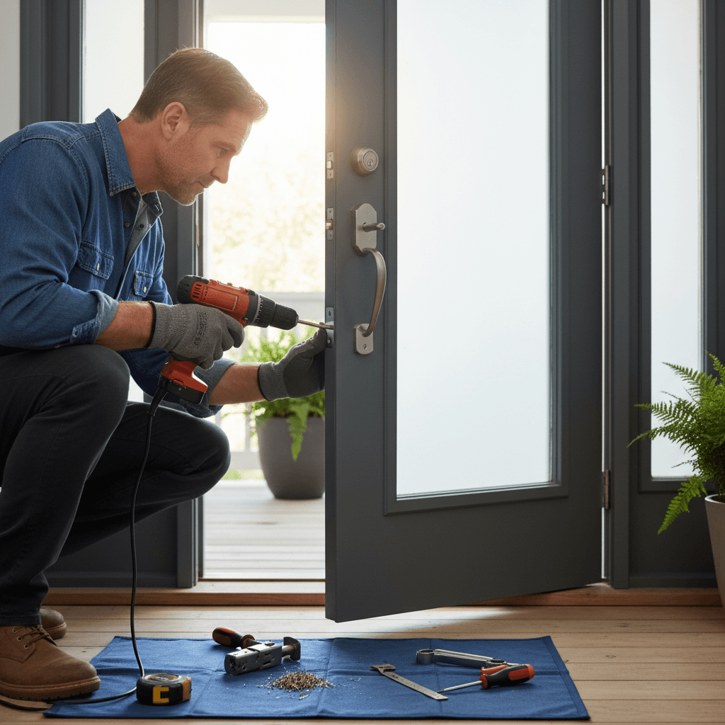 Locksmith installing a new deadbolt lock on a wooden door