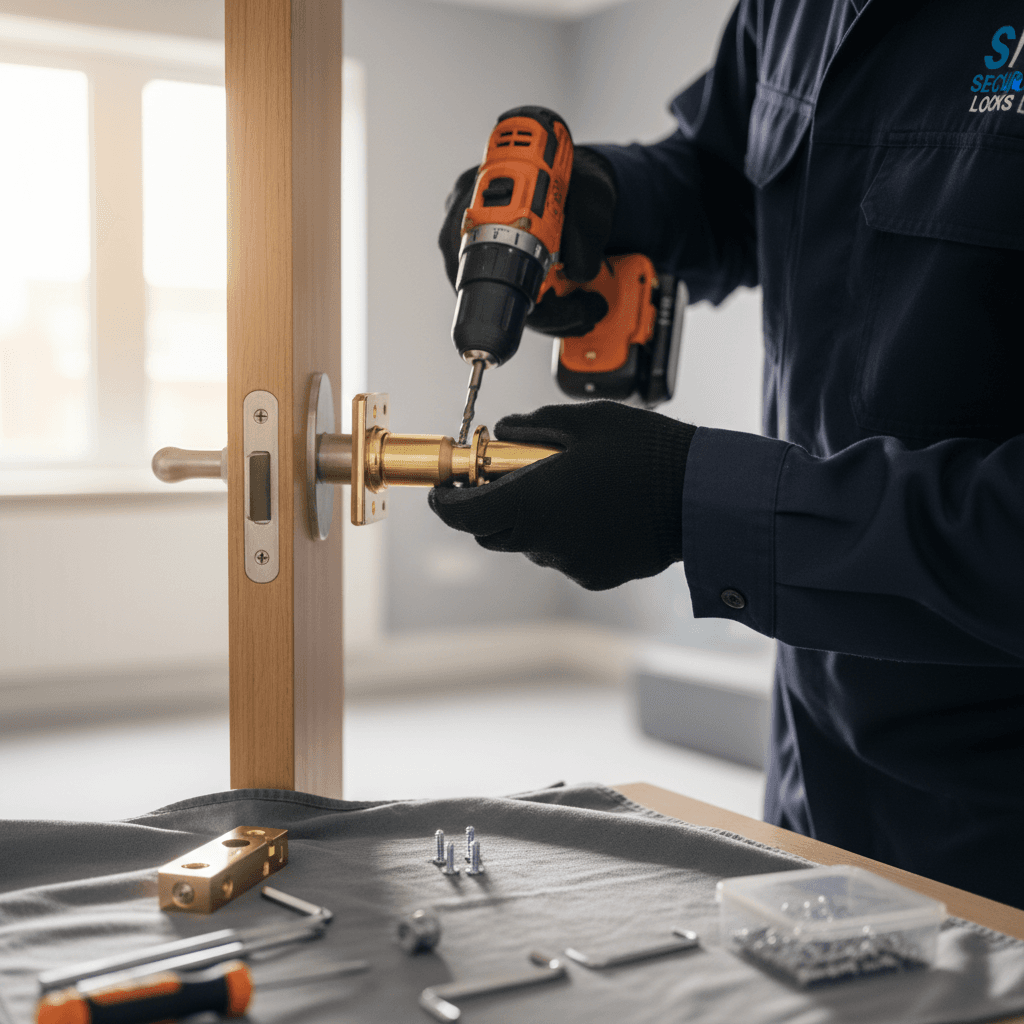 Locksmith professional inspecting a new door lock