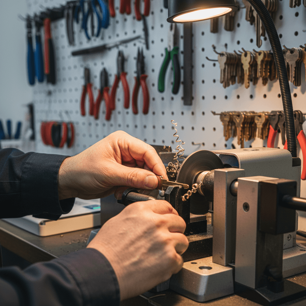 Professional locksmith holding a ring of keys in a bright workshop