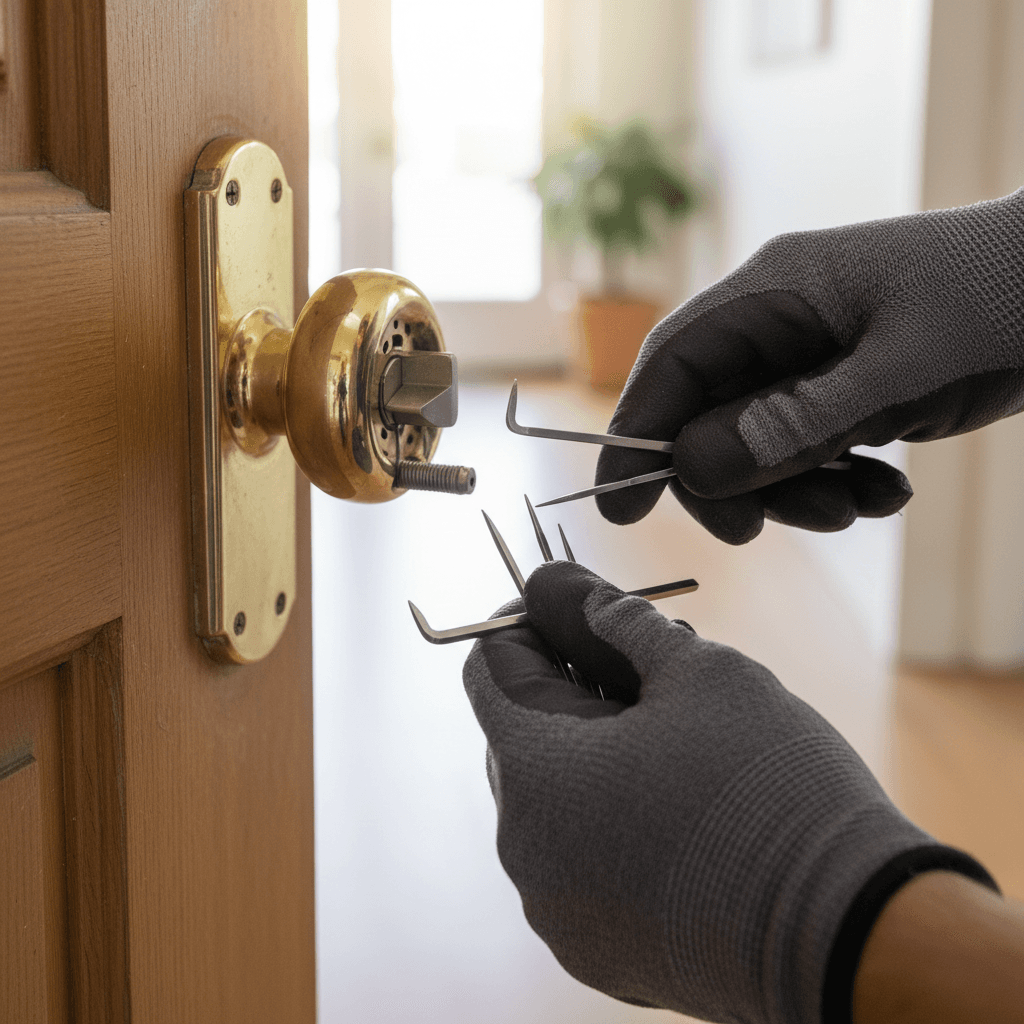 Professional locksmith installing a new lock on a residential door