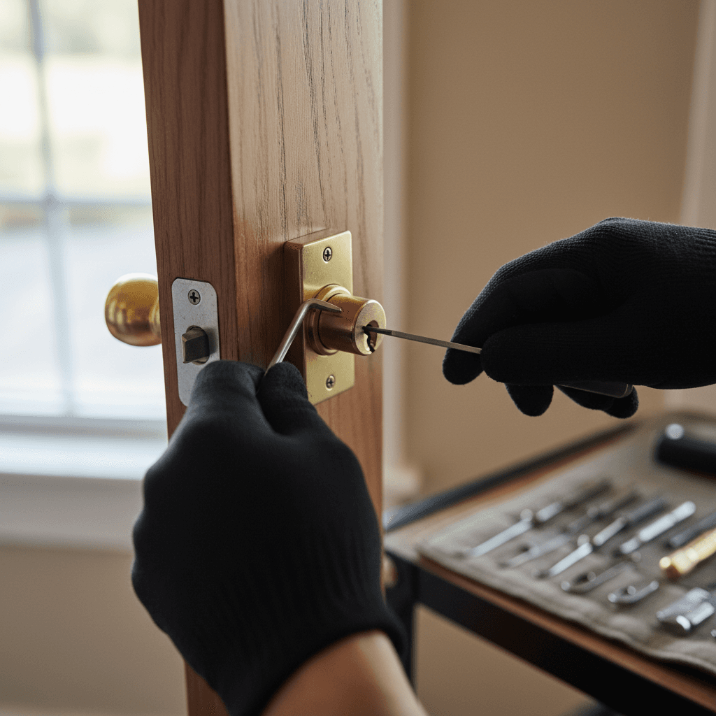 Locksmith repairing a lock on a residential door