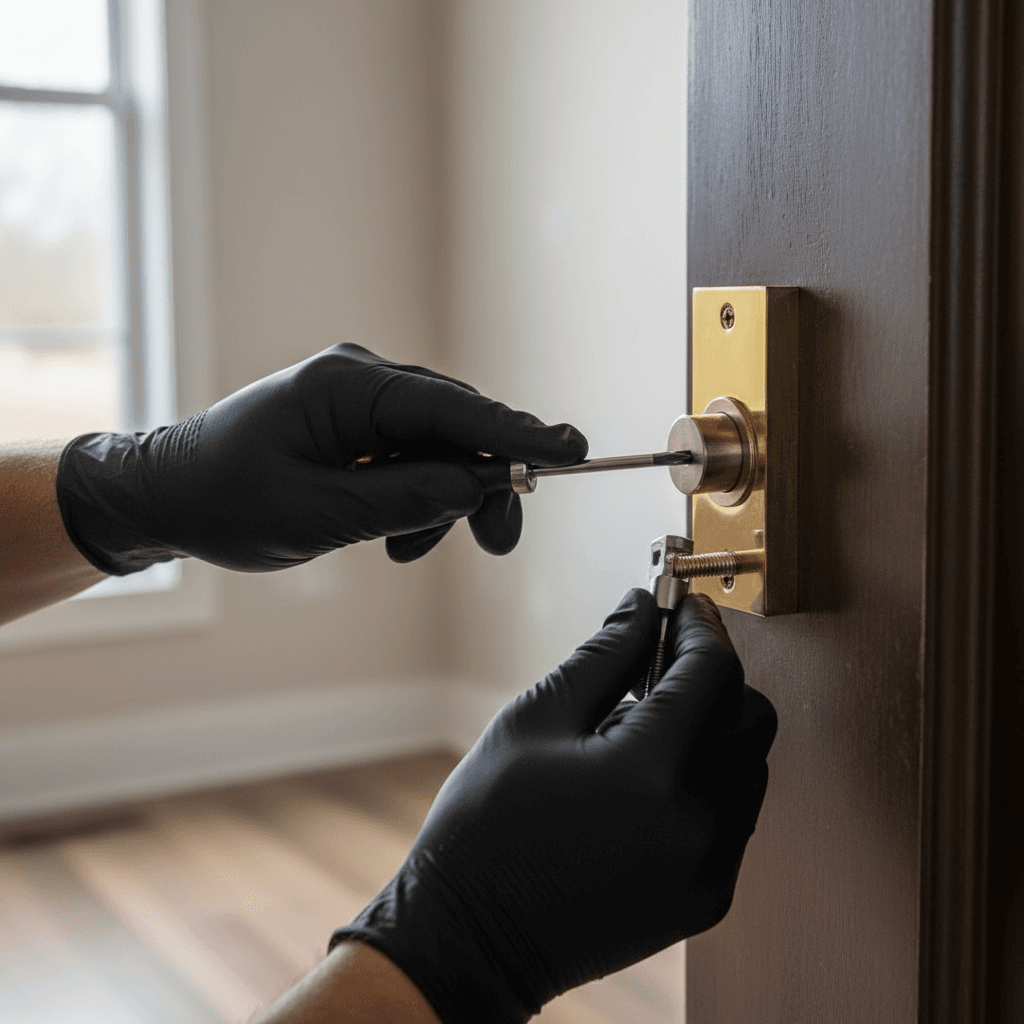Locksmith installing a deadbolt on a residential door
